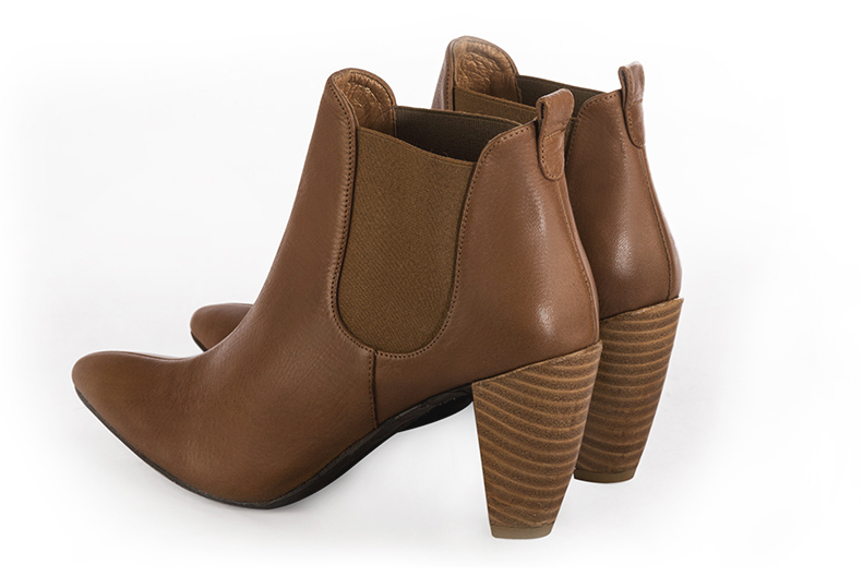 Caramel brown women's ankle boots with buckles. Tapered toe. High cone heels. Rear view - Florence KOOIJMAN